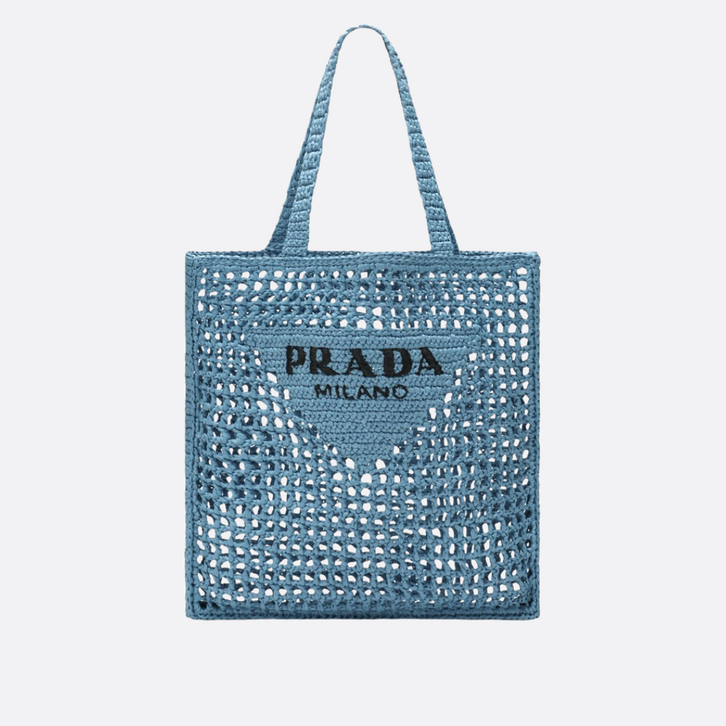 PRADA RAFFIA TASCHE MIT GEWEBTEM LOGO IN BLAU