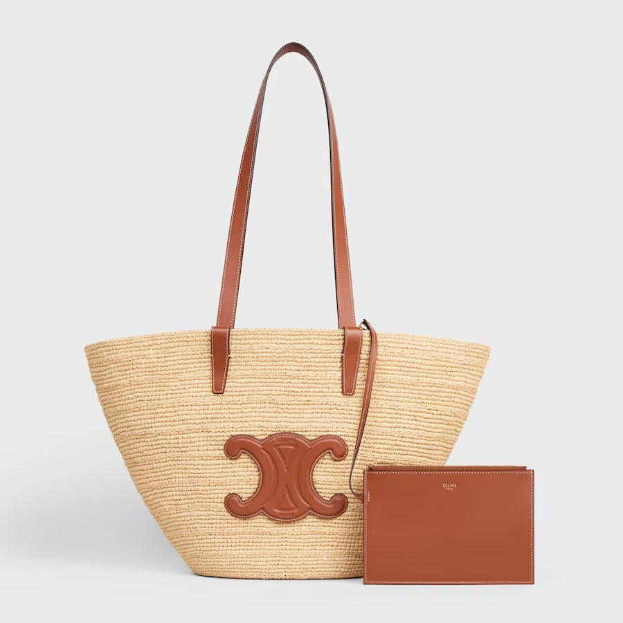 CÉLINE CLASSIC SMALL PANIER HANDBAG IN RAFFIA AND CALFSKIN