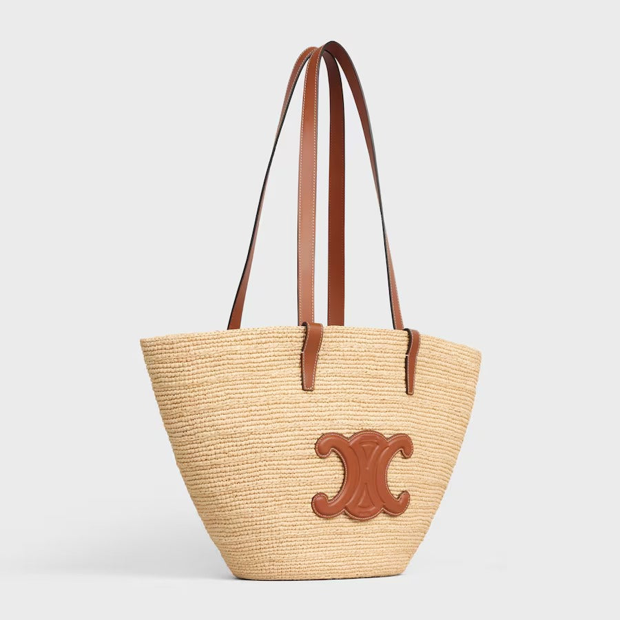 CÉLINE CLASSIC SMALL PANIER HANDBAG IN RAFFIA AND CALFSKIN