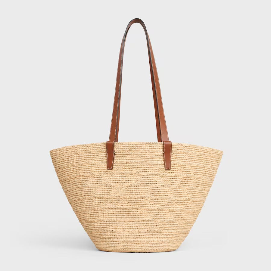 CÉLINE CLASSIC SMALL PANIER HANDBAG IN RAFFIA AND CALFSKIN