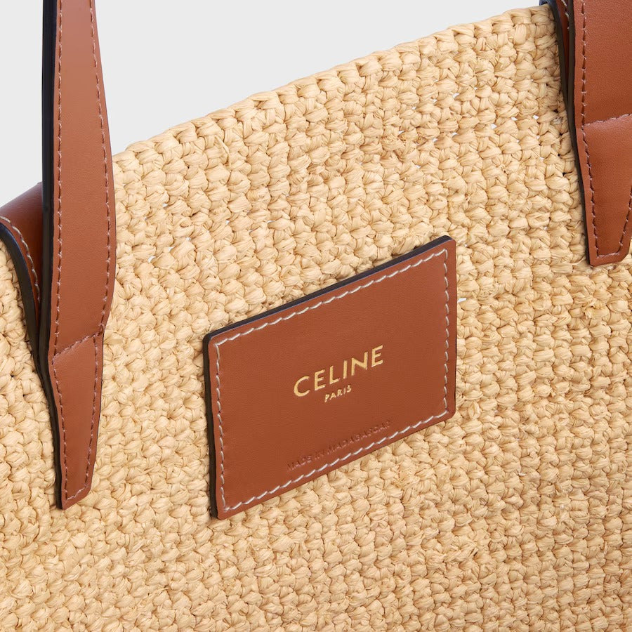 CÉLINE CLASSIC SMALL PANIER HANDBAG IN RAFFIA AND CALFSKIN